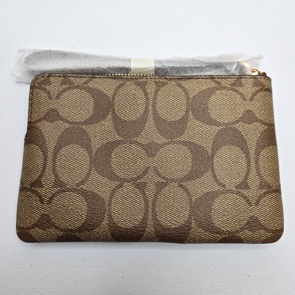 Coach Corner Zip Leather Wristlet Signature Canvas Gold Zipper Khaki Saddle 2 - Picture 3 of 7